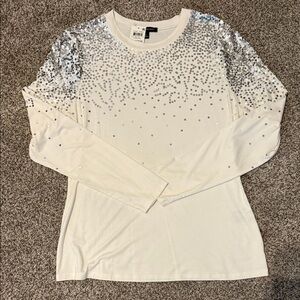 INC Holiday Sequin Embellished White Long Sleeve Top